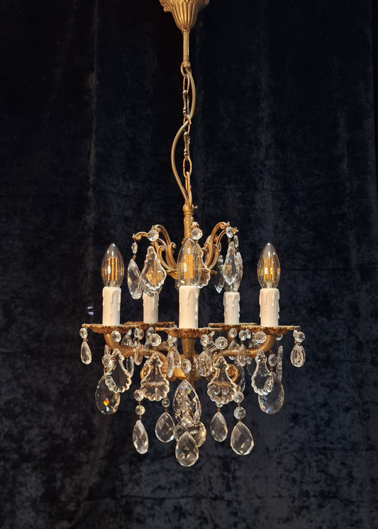Beautiful Antique French 5 Arm Brass and Crystal Chandelier Ceiling Light