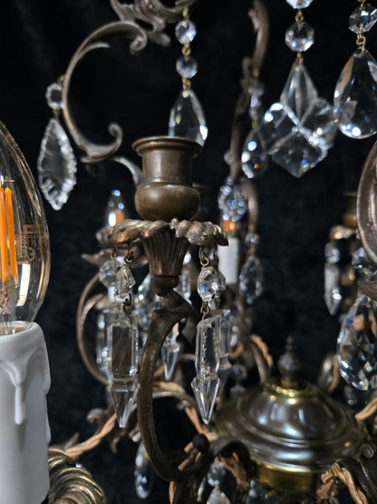 Fabulous Antique Italian 8 Arm 4 Candle Cage Brass Crystal Chandelier Light