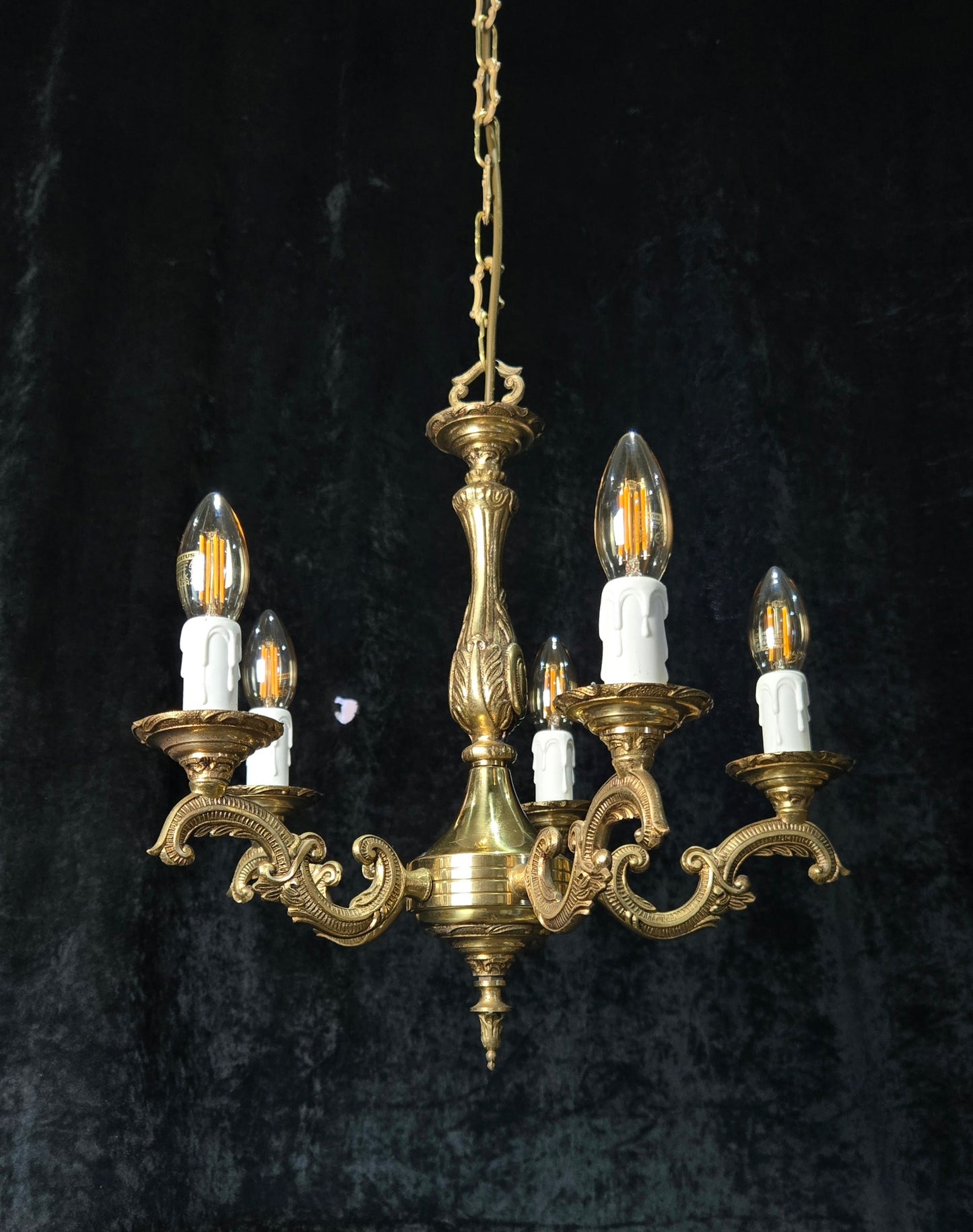 Classical Vintage French 5 Arm Brass Rococo Style Chandelier Ceiling Light