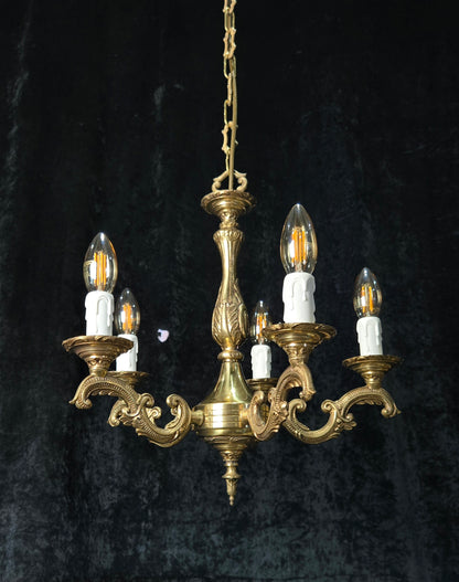 Classical Vintage French 5 Arm Brass Rococo Style Chandelier Ceiling Light