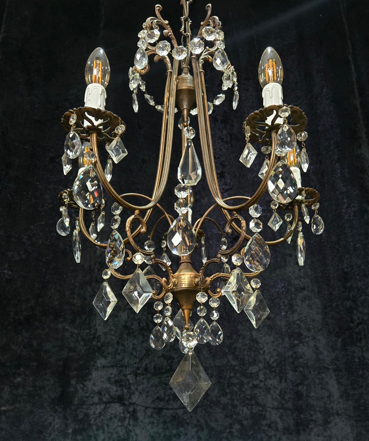 Beautiful Vintage Italian 5 Arm Brass Crystal Cage Chandelier Ceiling Light