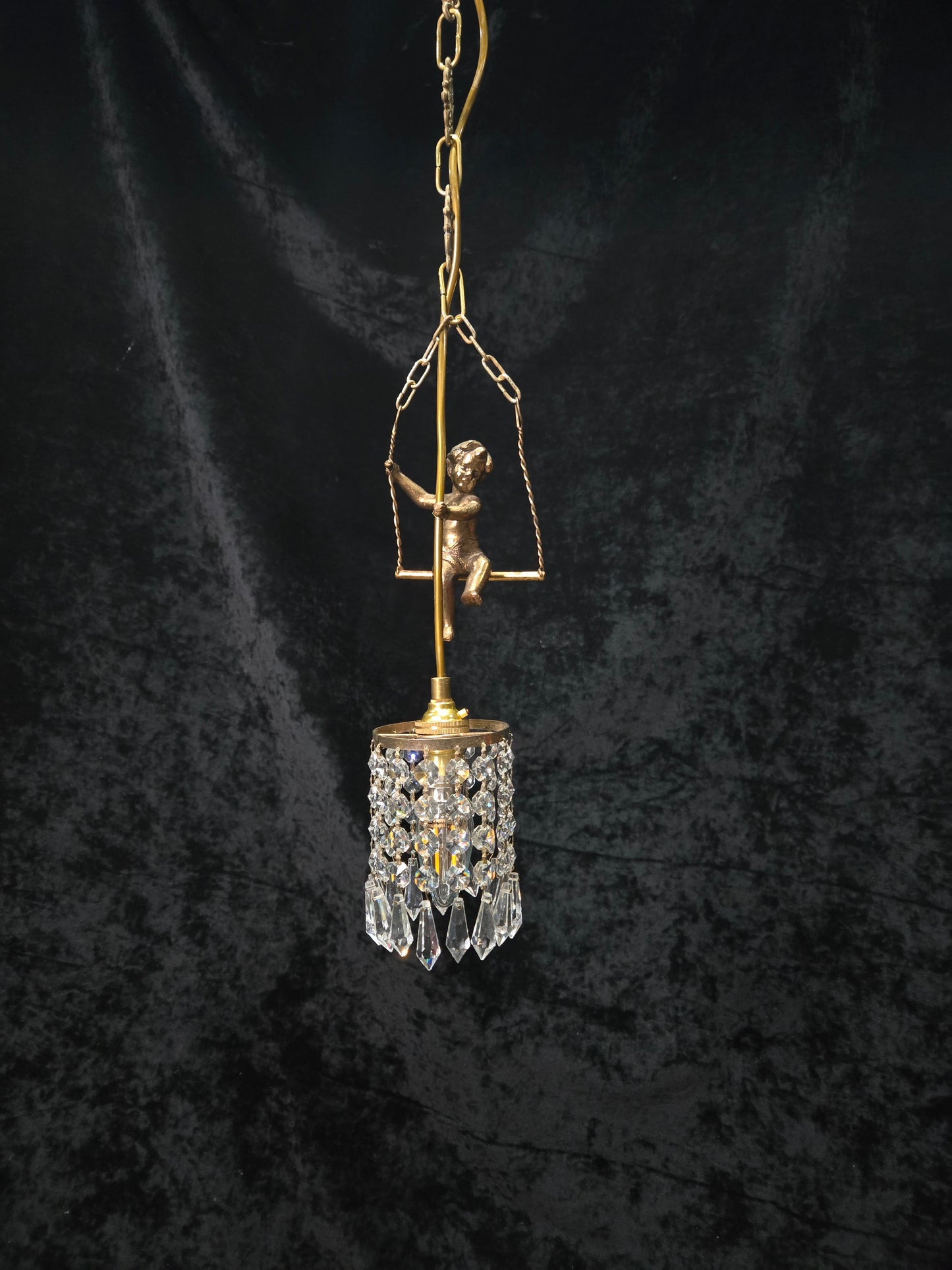 Beautiful Petite Vintage French Brass Cherub Crystal Chandelier Ceiling Light