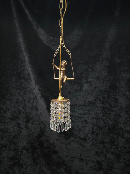 Beautiful Petite Vintage French Brass Cherub Crystal Chandelier Ceiling Light