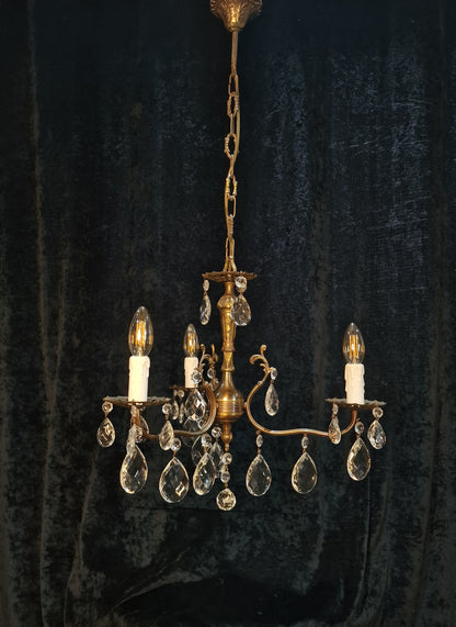 RESERVED Beautiful Vintage Italian 3 Arm Crystal Aged Brass Leaf Chandelier Ceiling Light