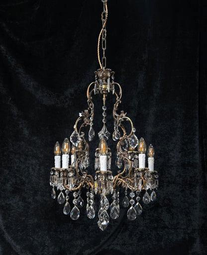 Fabulous Antique Italian 8 Arm 4 Candle Cage Brass Crystal Chandelier Light