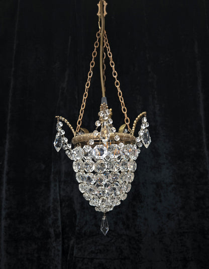Beautiful Antique French Crystal Bag Brass Leaf Chandelier Ceiling Light