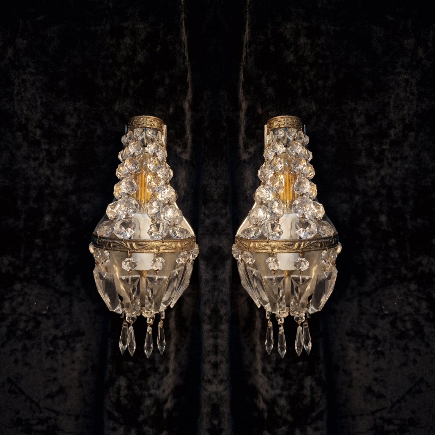 Stunning Pair of Vintage French Brass Crystal Montgolfiere Sconces Wall Lights