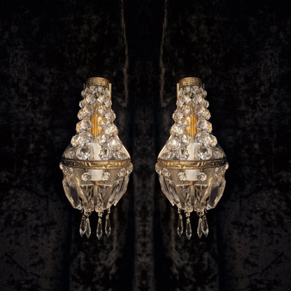 Stunning Pair of Vintage French Brass Crystal Montgolfiere Sconces Wall Lights
