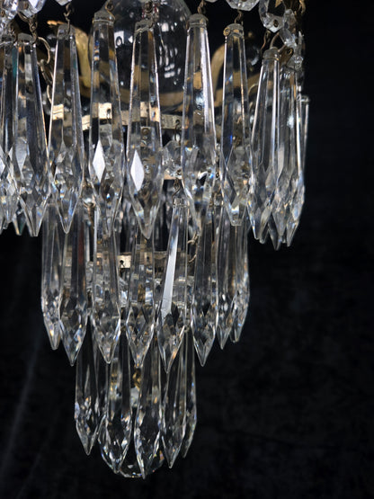 Beautiful Antique French Crystal Waterfall Brass Leaf Chandelier Ceiling Light