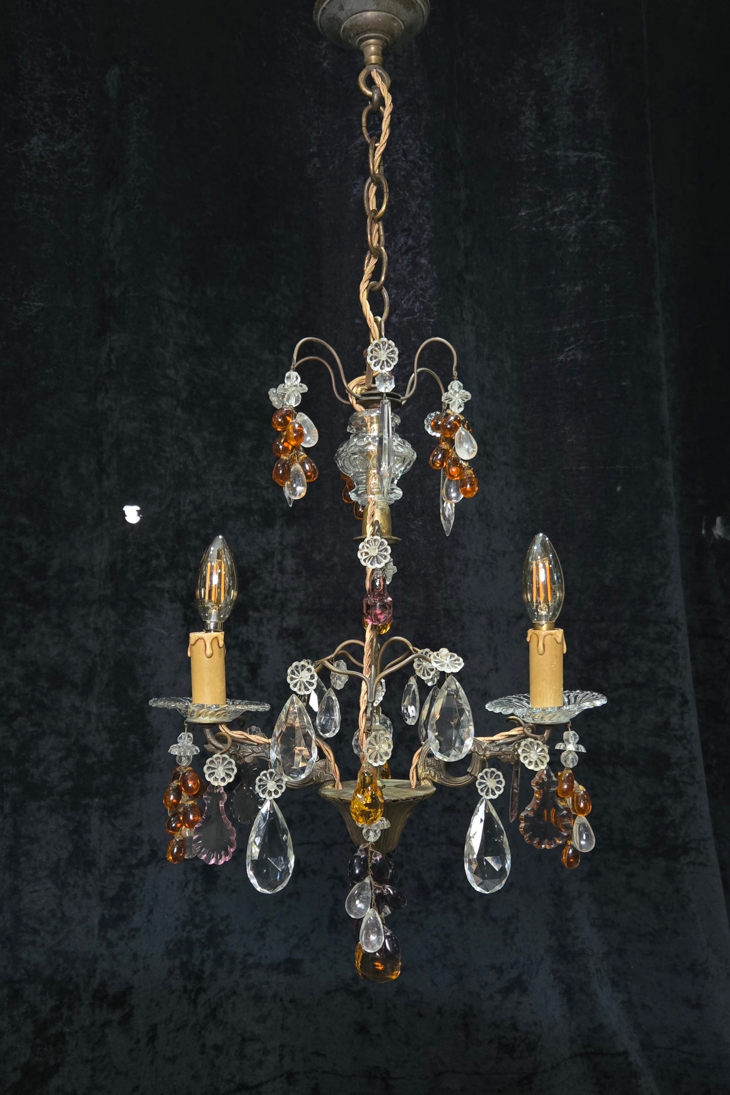 Fabulous Antique French 2 Arm Caged Murano Crystal Brass Chandelier Light