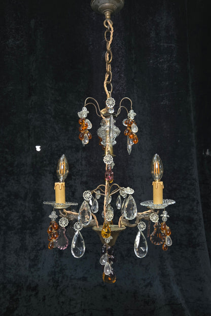 Fabulous Antique French 2 Arm Caged Murano Crystal Brass Chandelier Light