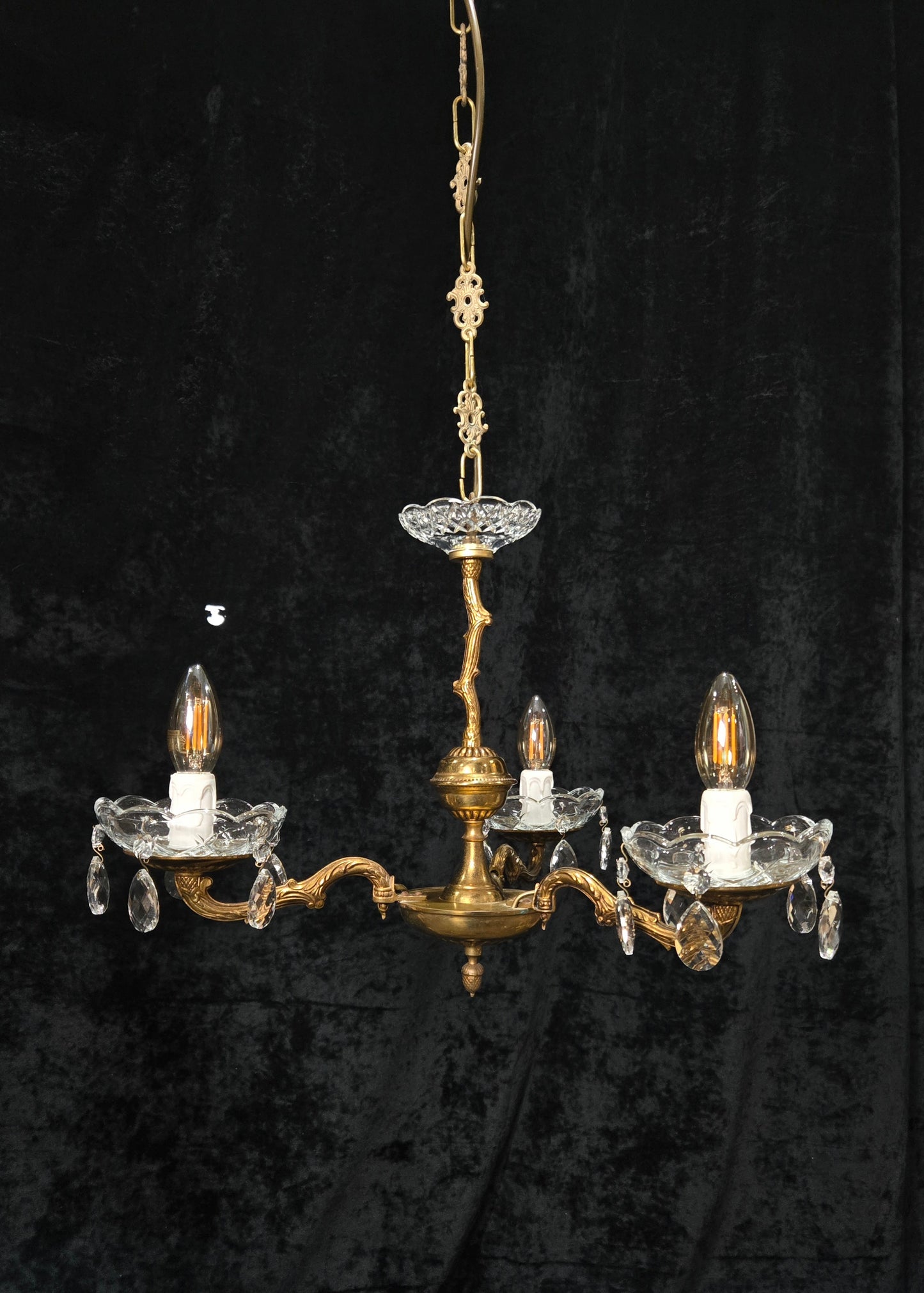 Lovely Vintage French 3 Arm Brass Foliage Crystal Chandelier Ceiling Light
