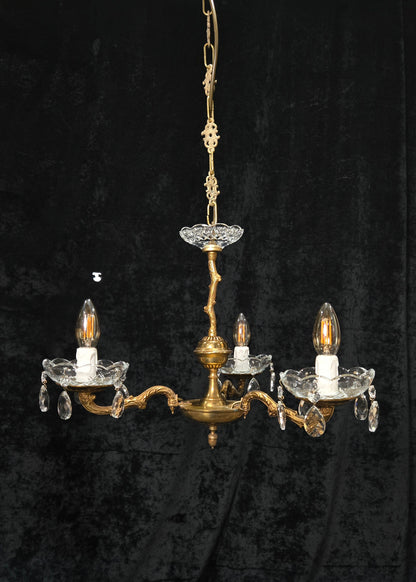 Lovely Vintage French 3 Arm Brass Foliage Crystal Chandelier Ceiling Light