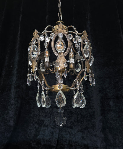 Elegant Vintage Italian Large 3 Arm Cage Crystal Brass Chandelier Ceiling Light