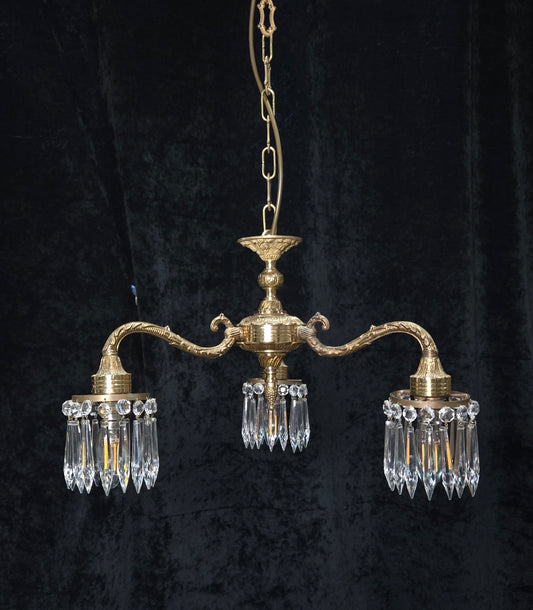 Lovely Vintage Italian 3 Arm Brass Crystal Chandelier Ceiling Light
