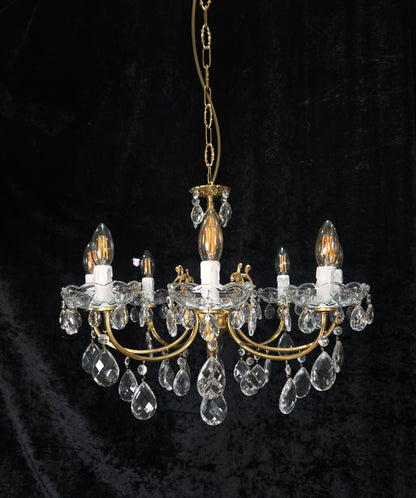 Beautiful Vintage Italian 8 Arm Brass Glass Crystal Chandelier Ceiling Light
