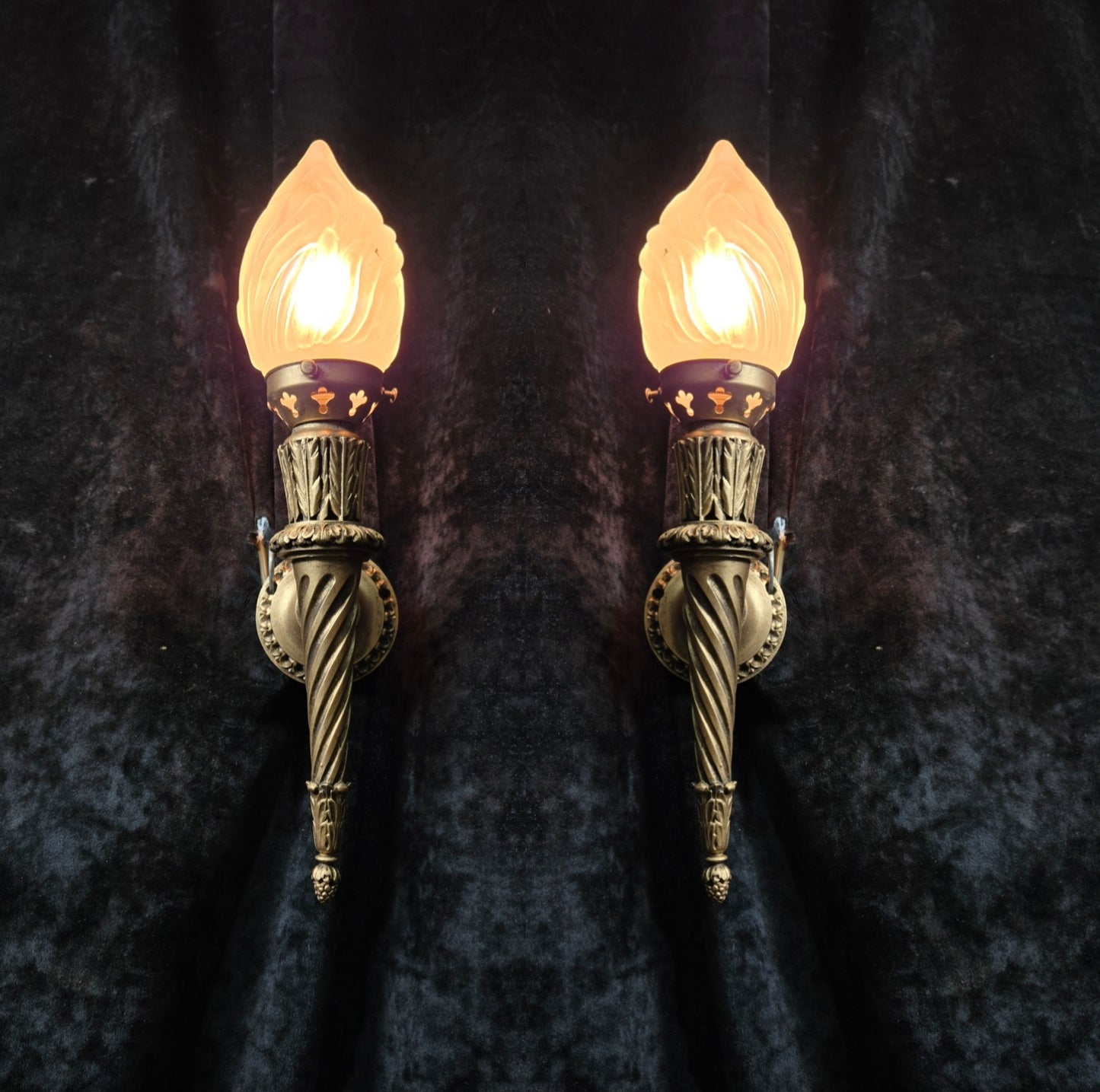 Decorative Pair Vintage Italian Gilded Torchere Wall Lights Sconces Flame Shades