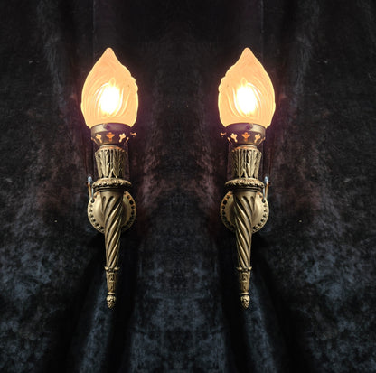 Decorative Pair Vintage Italian Gilded Torchere Wall Lights Sconces Flame Shades