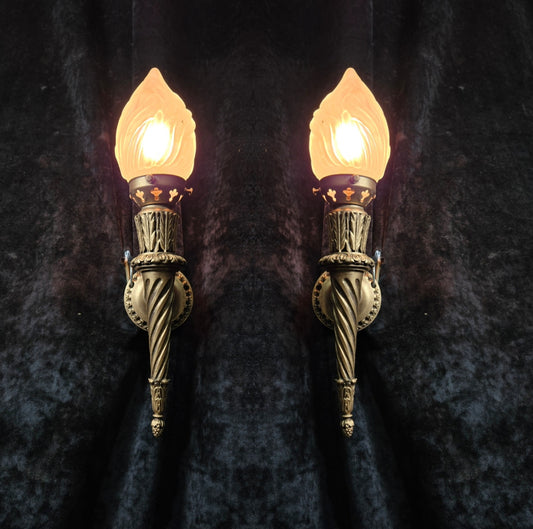 Decorative Pair Vintage Italian Gilded Torchere Wall Lights Sconces Flame Shades