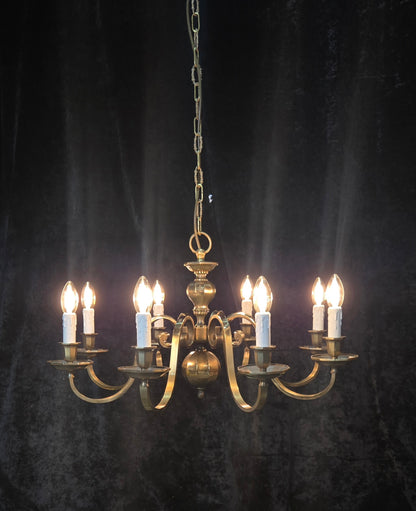 Classical Vintage Polished Brass Large 8 Arm Flemish Style Chandelier Light