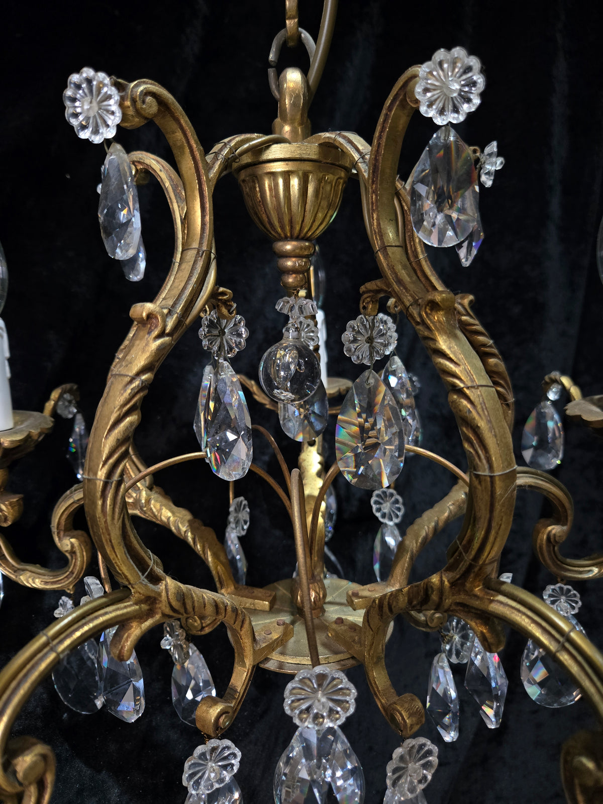 Traditional Antique French 5 Arm Heavy Bronze Cage Crystal Chandelier Light