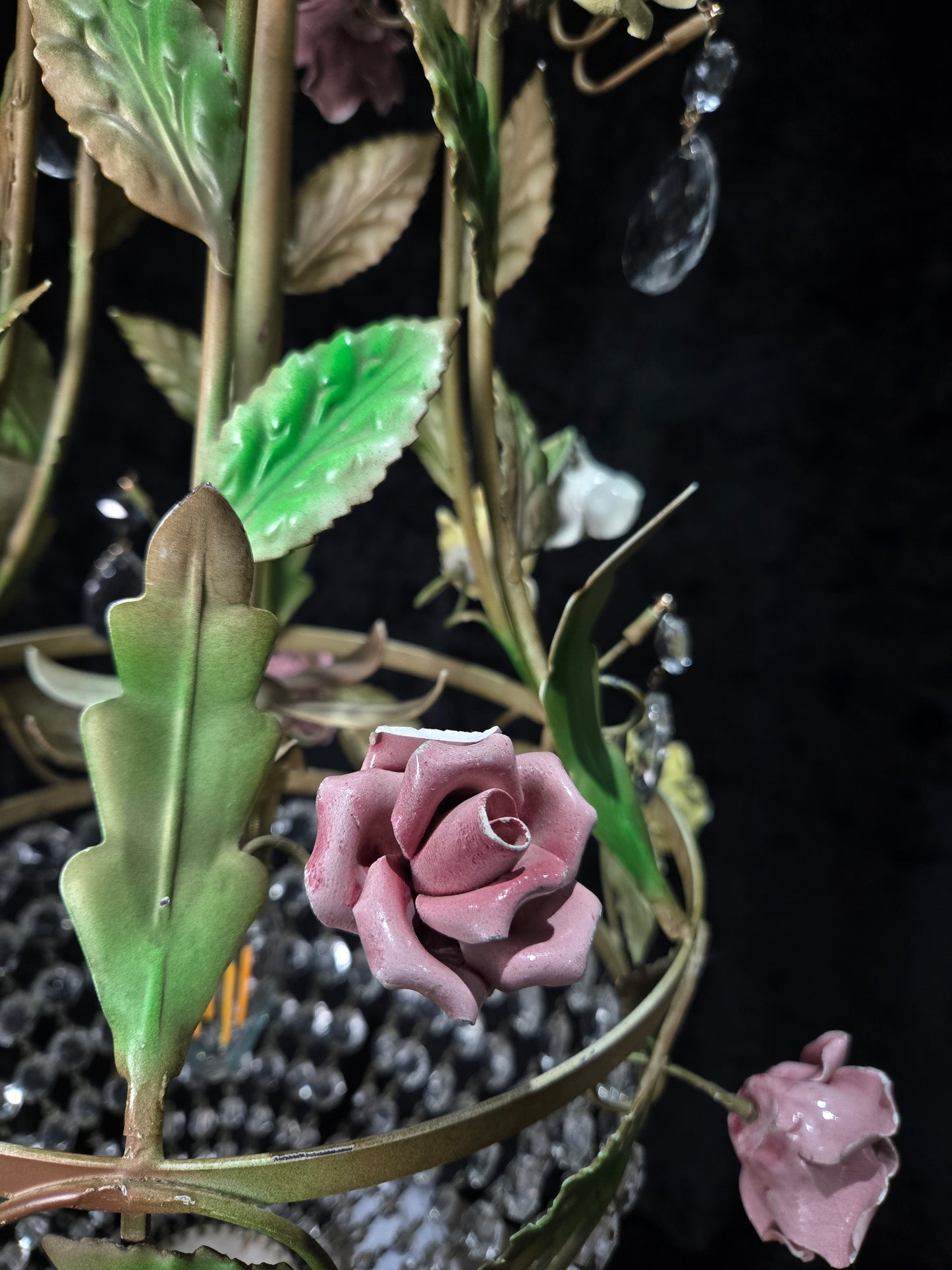 Beautiful Vintage Florentine Italian 1 Light Crystal Roses Toleware Chandelier