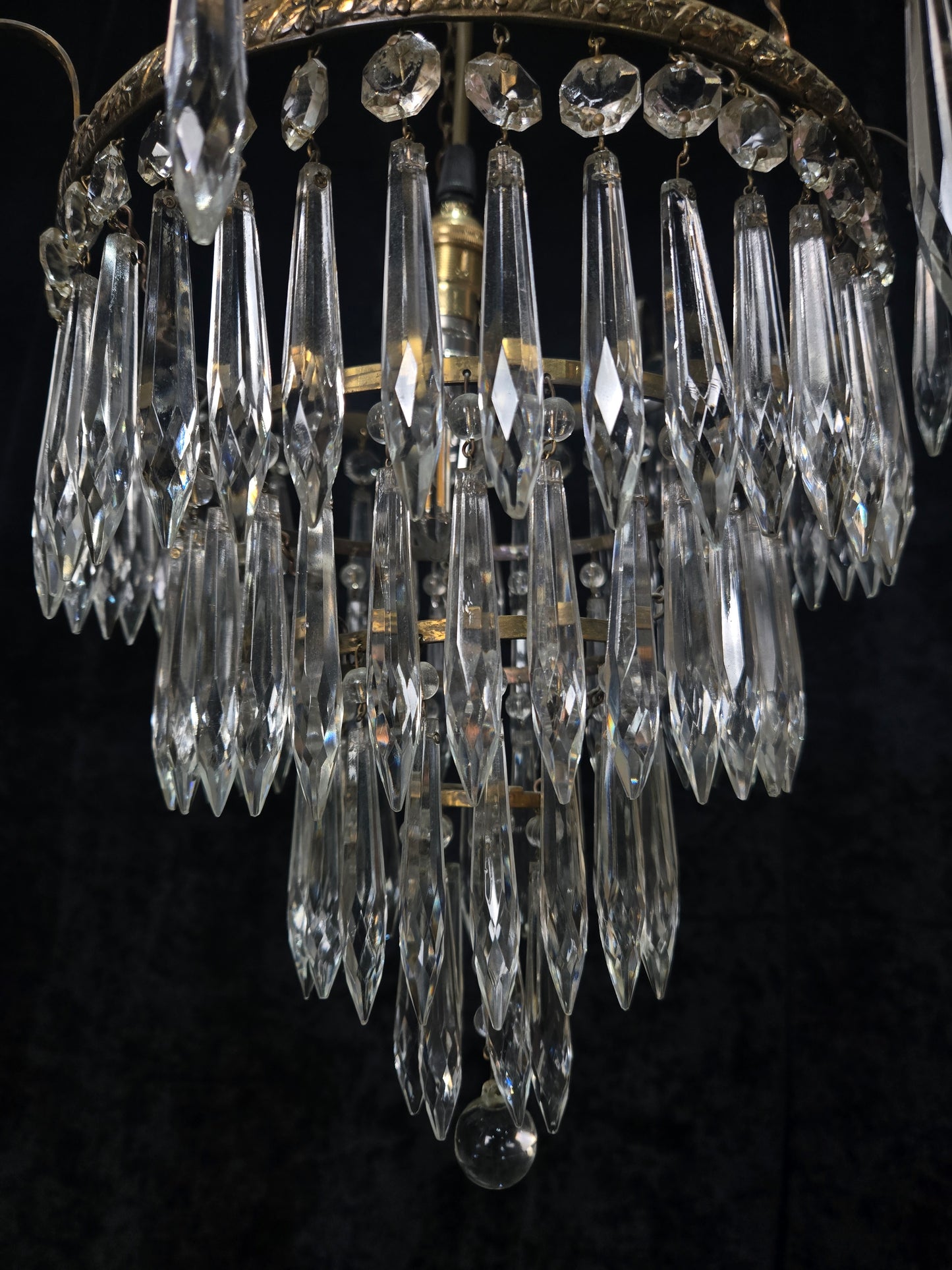 Fabulous Antique French Brass 4 Tier Waterfall Crystal Chandelier Ceiling Light