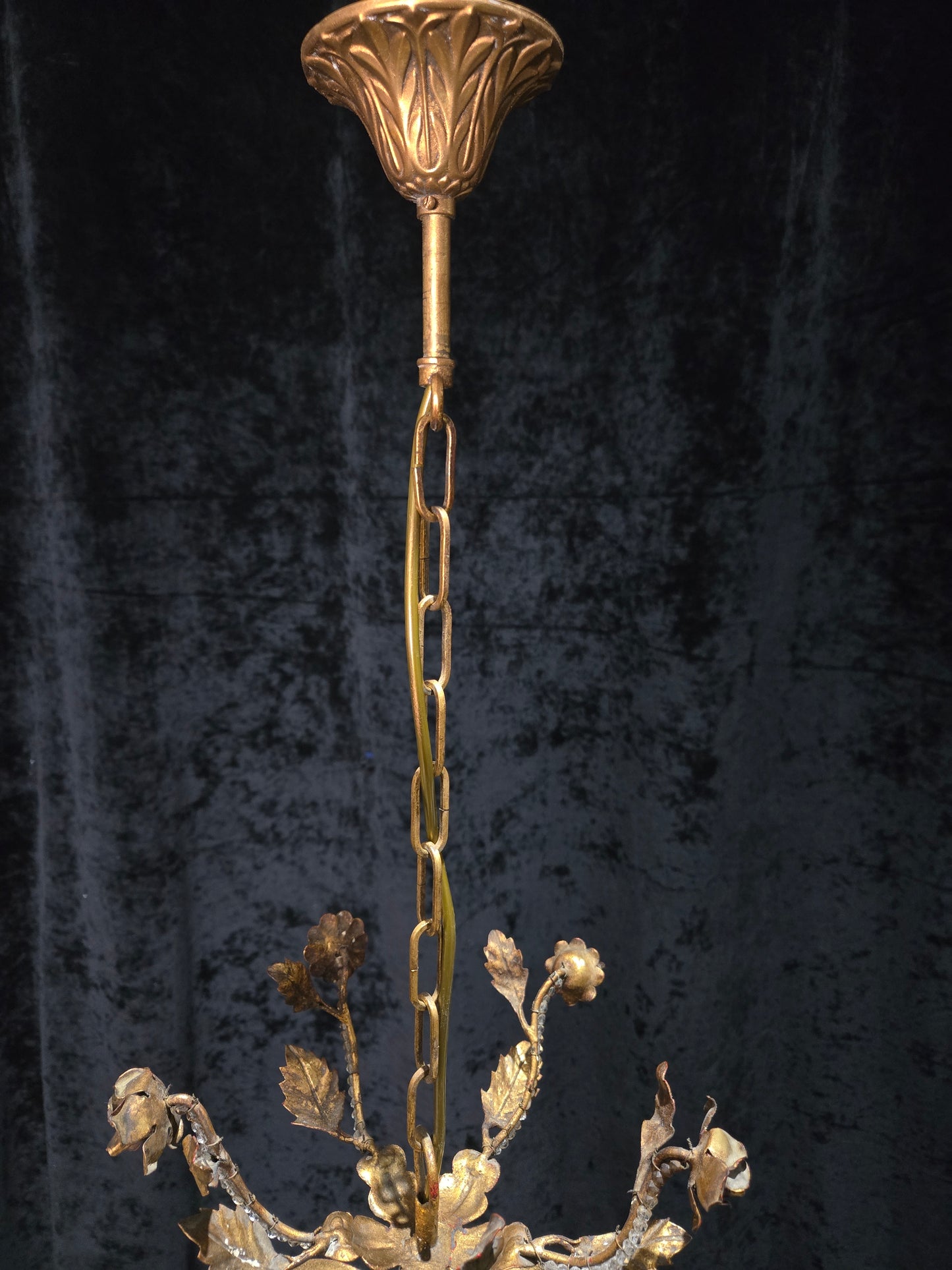 Fabulous Vintage Italian 3 Arm Caged Florentine Flower Crystal Chandelier Light