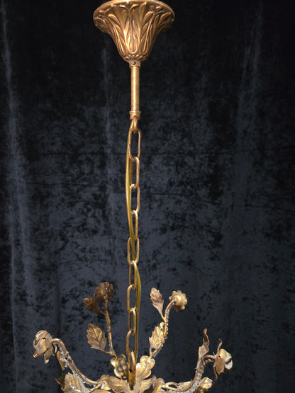 Fabulous Vintage Italian 3 Arm Caged Florentine Flower Crystal Chandelier Light