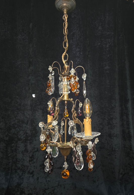 Fabulous Antique French 2 Arm Caged Murano Crystal Brass Chandelier Light