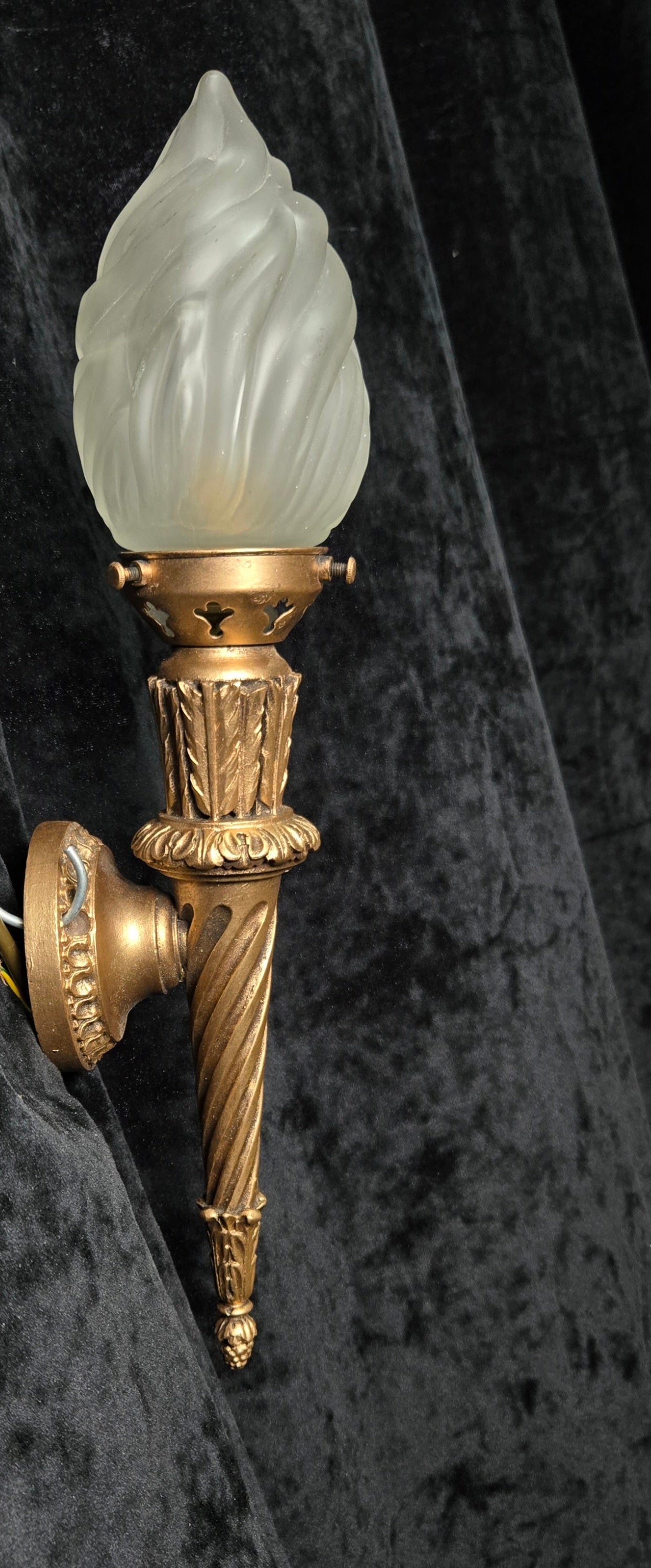 Decorative Pair Vintage Italian Gilded Torchere Wall Lights Sconces Flame Shades