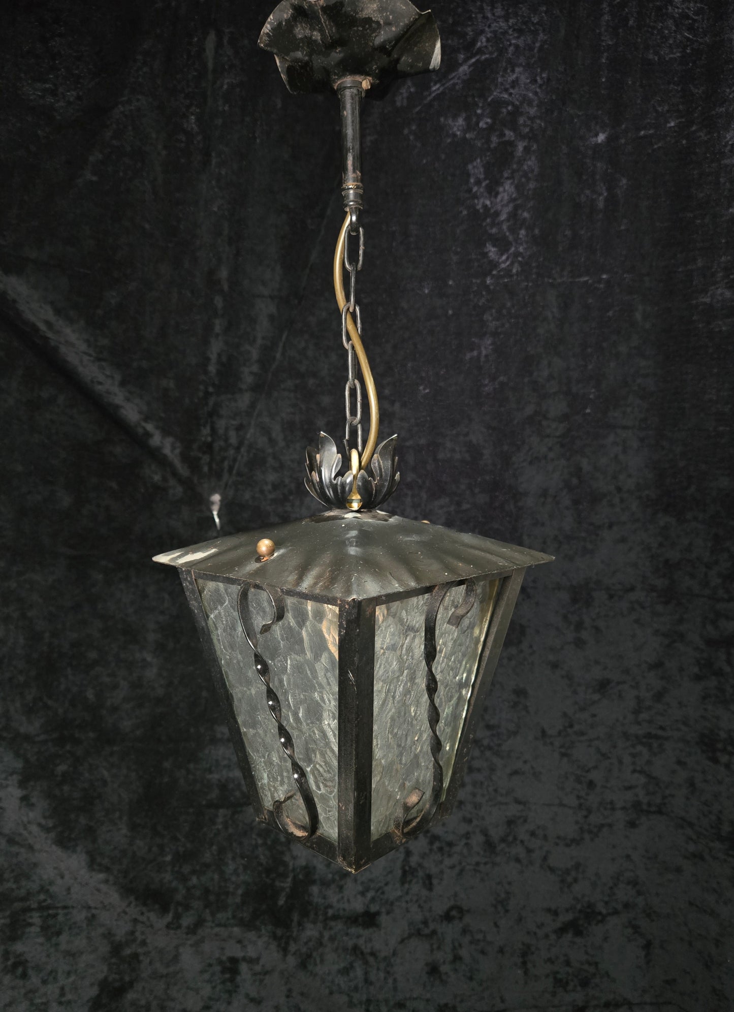 Lovely Vintage French Wrought Iron Gothic Patterned Glass Lantern Light