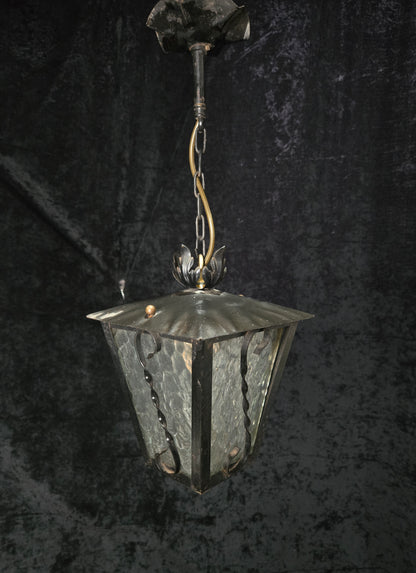 Lovely Vintage French Wrought Iron Gothic Patterned Glass Lantern Light