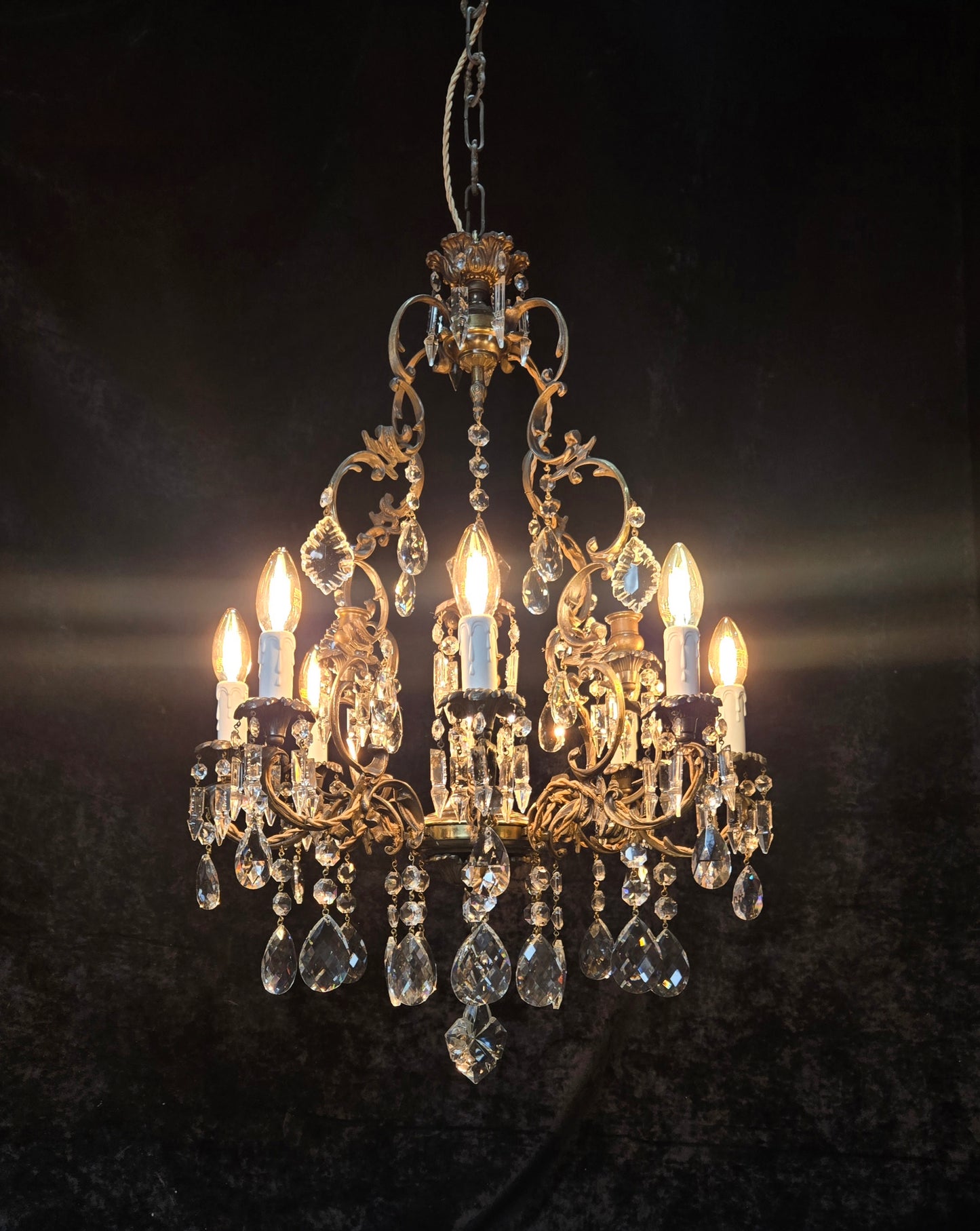 Fabulous Antique Italian 8 Arm 4 Candle Cage Brass Crystal Chandelier Light