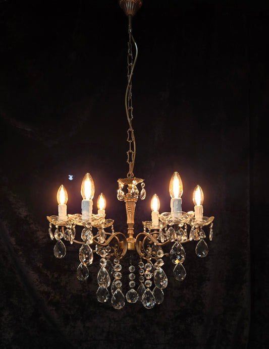 Traditional Vintage French 6 Arm Brass Crystal Glass Chandelier Ceiling Light