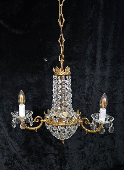 Traditional Vintage French 3 Arm Brass and Crystal Montgolfiere Bag Chandelier