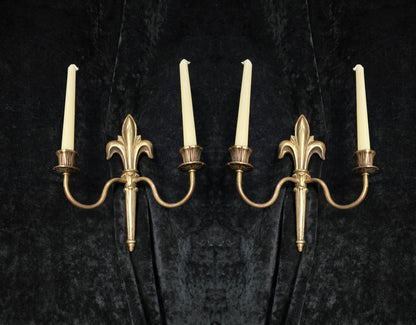 Decorative Pair Antique French Fleur De Lis Brass 2 Arm Candle Wall Lights