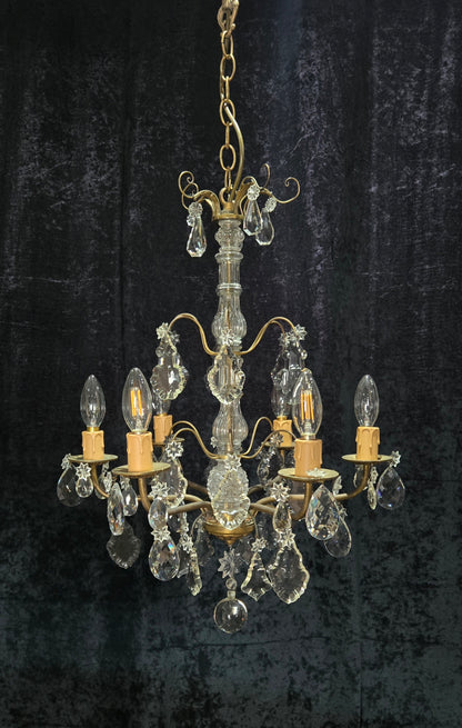 Beautiful Antique French 6 Arm Brass 3 Tier Crystal Chandelier Ceiling Light