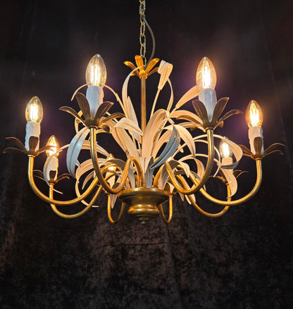 Lovely Vintage Italian MASCA Gilded Toleware 8 Arm Chandelier Ceiling Light