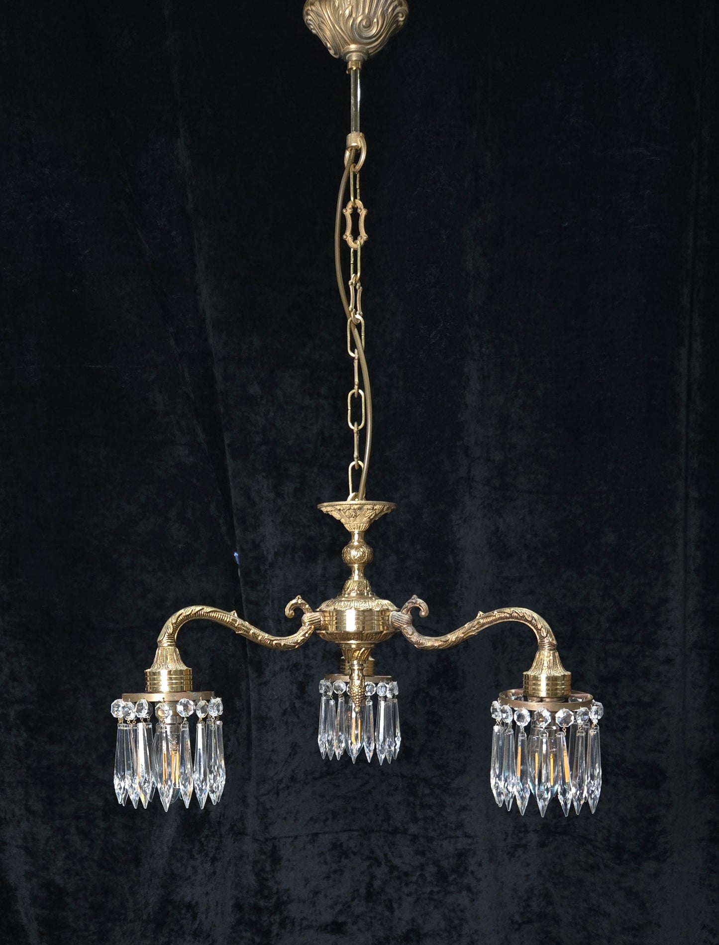 Lovely Vintage Italian 3 Arm Brass Crystal Chandelier Ceiling Light