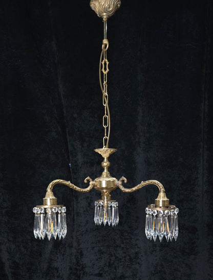 Lovely Vintage Italian 3 Arm Brass Crystal Chandelier Ceiling Light