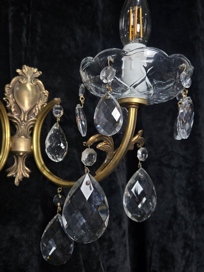 Lovely Pair of Vintage French 2 Arm Brass Leaf Crystal Wall Lights Sconces