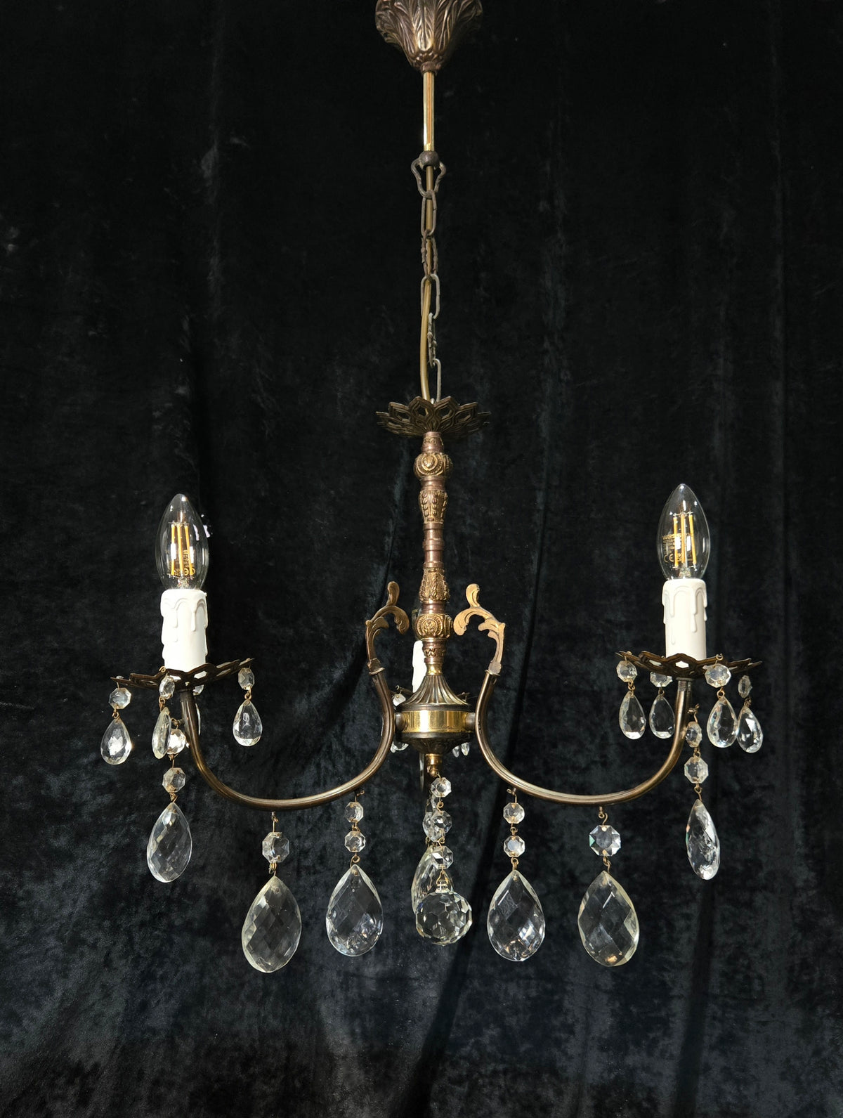 Lovely Vintage Italian 3 Arm Brass and Crystal Chandelier Ceiling Light