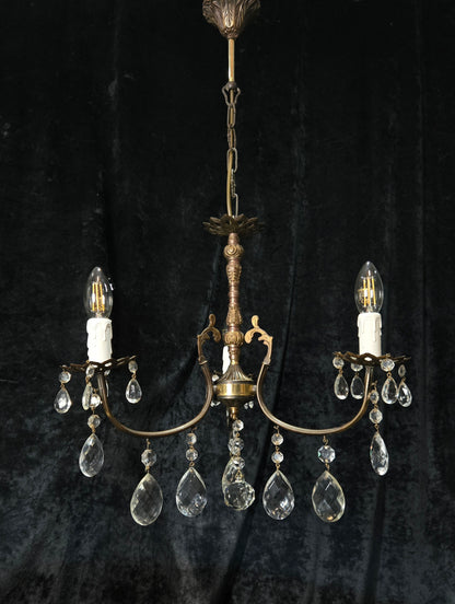 Lovely Vintage Italian 3 Arm Brass and Crystal Chandelier Ceiling Light
