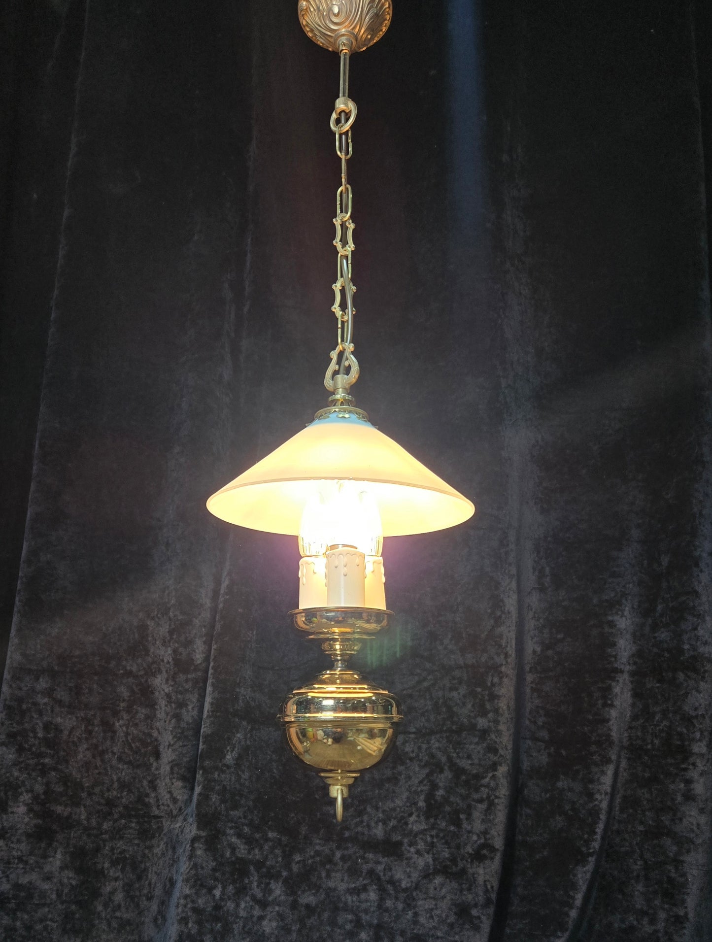 Unique Vintage Milk Glass Brass Bouillotte Oil Lamp Style 3 Light Chandelier
