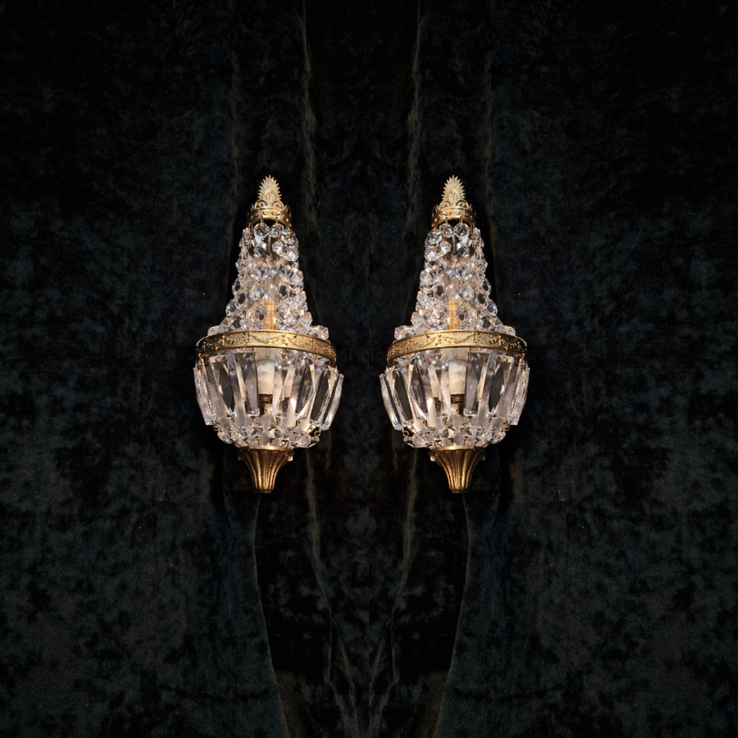 Gorgeous Pair of Vintage French Brass Crystal Montgolfiere Sconces Wall Lights