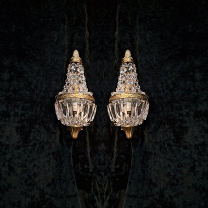 Gorgeous Pair of Vintage French Brass Crystal Montgolfiere Sconces Wall Lights