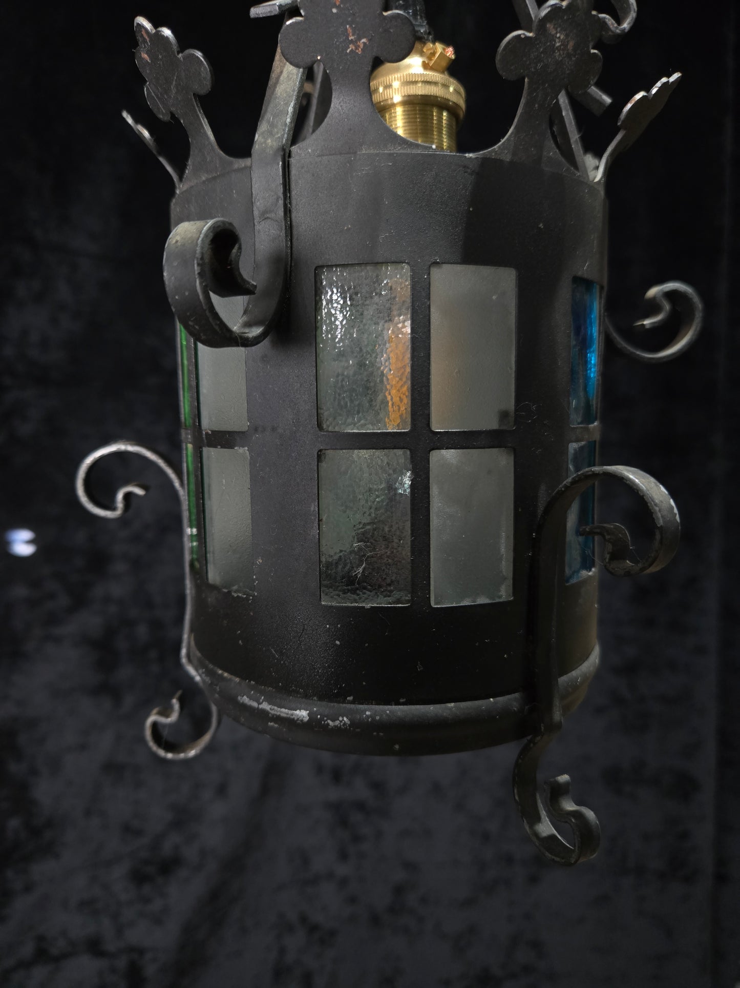 Lovely Petite Vintage French Wrought Iron Gothic Coloured Glass Lantern Light