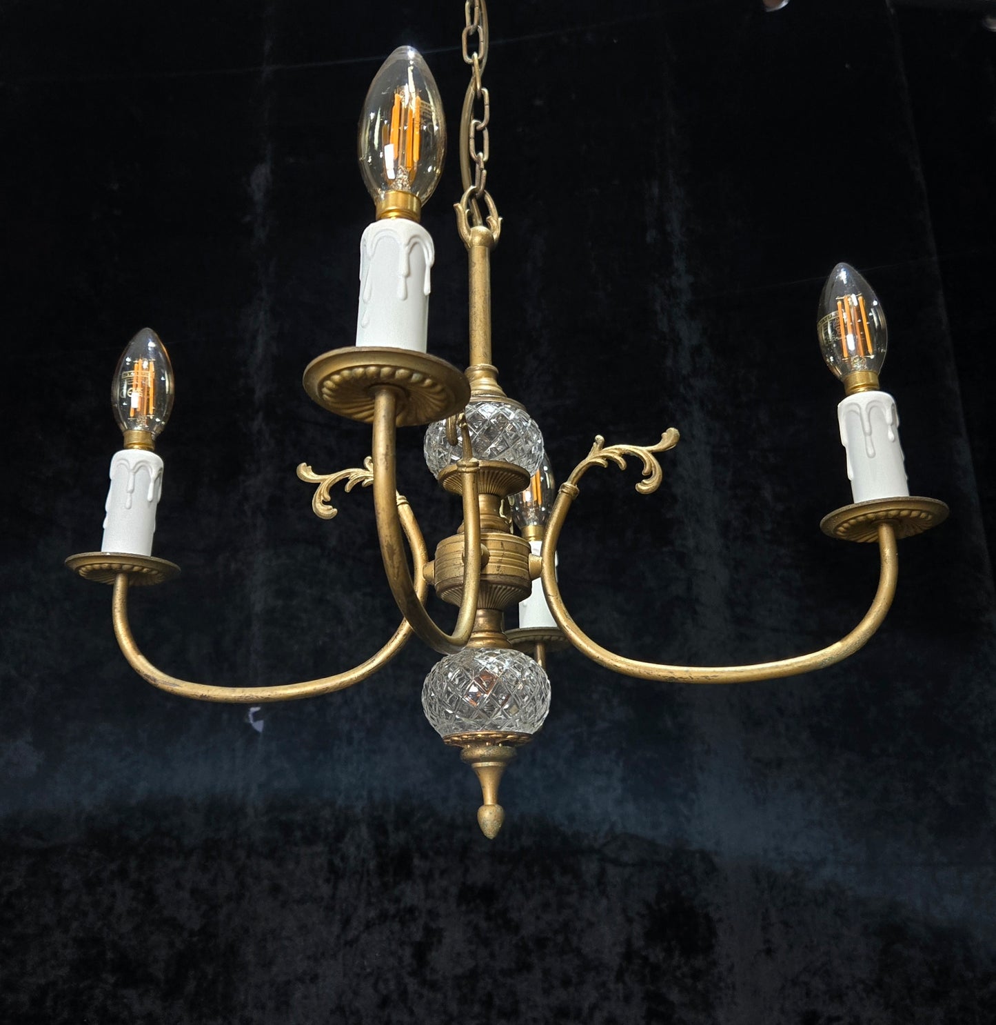 Classical Vintage French 4 Arm Lacquered Brass Crystal Chandelier Ceiling Light