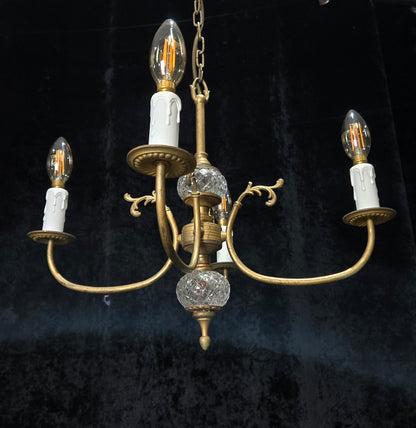Classical Vintage French 4 Arm Lacquered Brass Crystal Chandelier Ceiling Light
